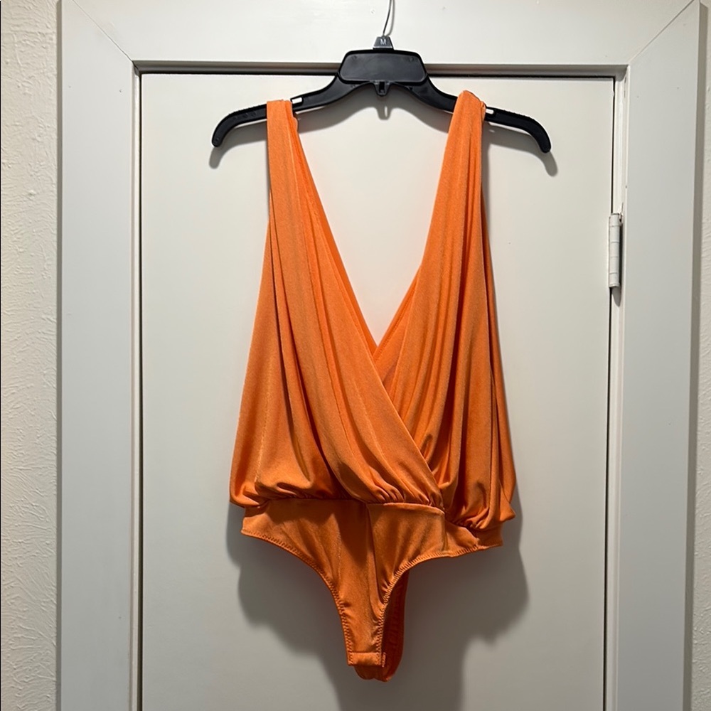 Orange Draped V-Neck Bodysuit